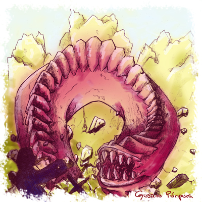 ilustracion digital de un gusano purpura pra un bestiario fantastico